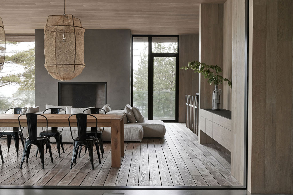 Muskoka Cottage interior showing the Great Room with custom furnishings in a neutral colour palette using natural elements